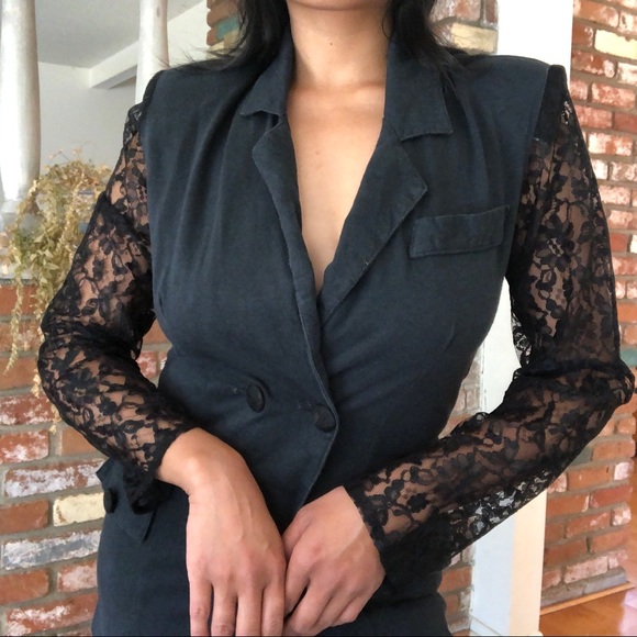 Vintage 1980s Glam Goth Lace Sheer Sleeves Blazer Top by Contempo Casuals - Picture 4 of 5